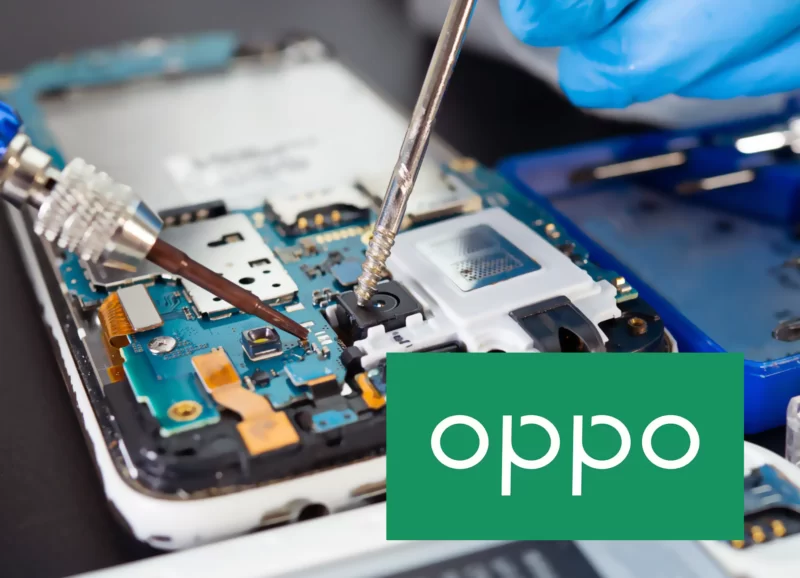 تحمل الصورة شعار شركة اوبو OPPO وصيانة الهواتف الذكية داخل مراكز خدمة وصيانة اوبو
