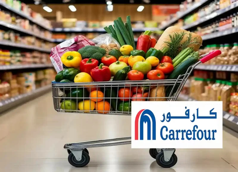 تحمل الصورة عربة تسوق إضافة إلى شعار هايبر كارفور، ضمن مقالنا عن عناوين فروع كارفور في مصر